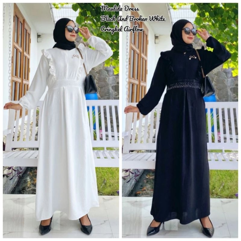 Gamis Putih Dan Hitam Cringkel Airflow Permata Series Kanaya Dress, Maulida Dress, Rihannaa Dress Be