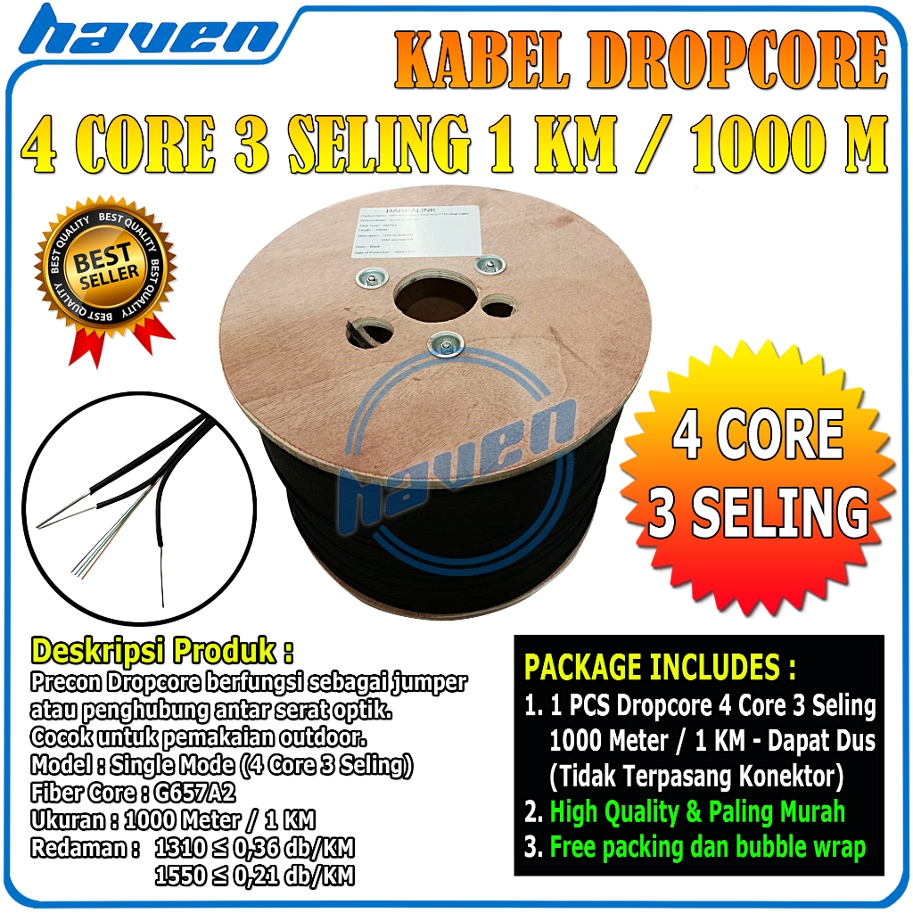 IndahRestore Kabel Fiber Optic Dropcore 1000M 4 Core 3 Seling Kabel Fiber Optik 1000m FTTH Drop Wire