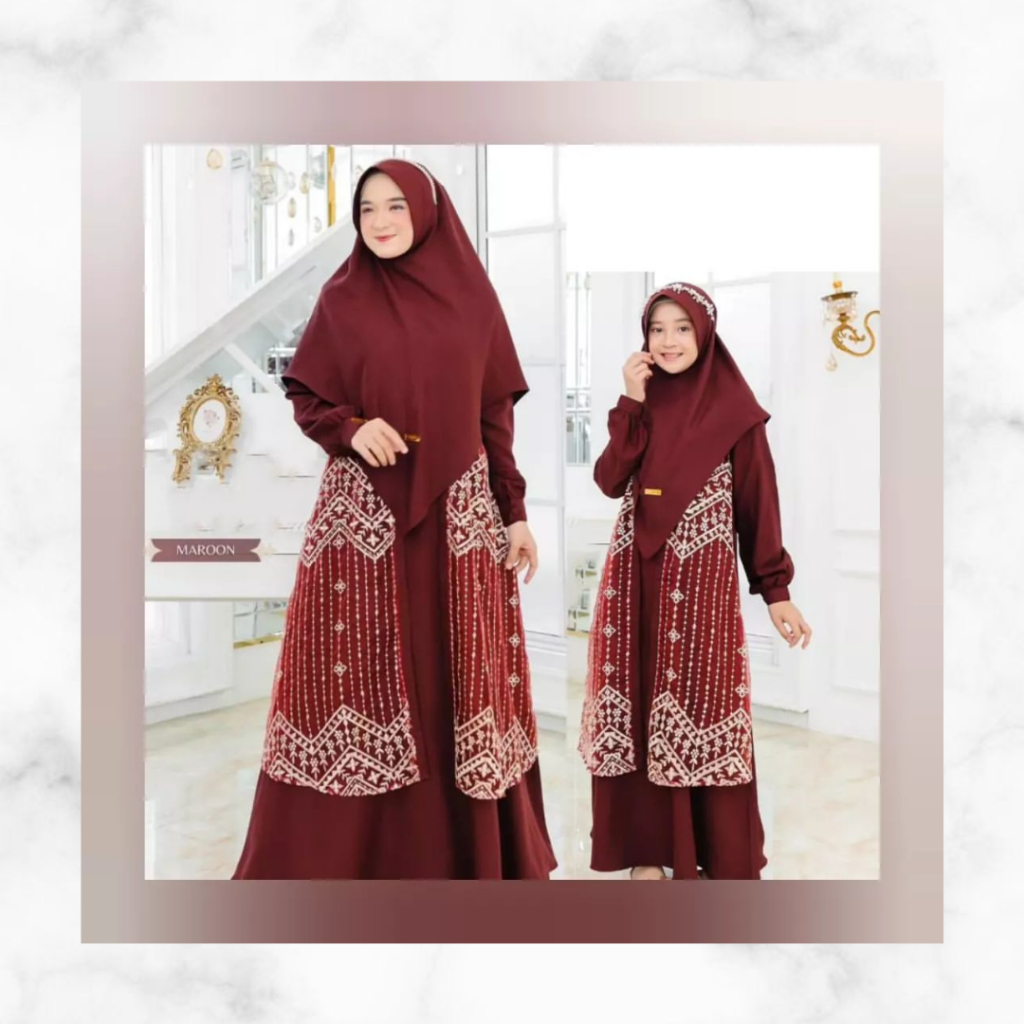NW - Baju Gamis Dress Couple Ibu dan Anak Perempuan 9-12 Tahun Bahan Ceruty Babydoll mix Brukat