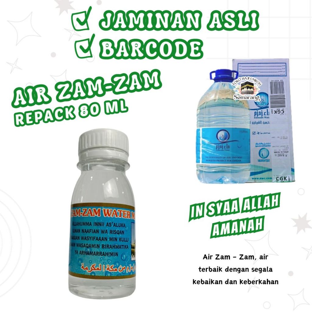 

Air Zam Zam Barcode 80 ML Jaminan Original Asli 100% Barcode Pipiclo Minuman Import Arab Saudi Oleh-Oleh Paket Haji Dan Umroh