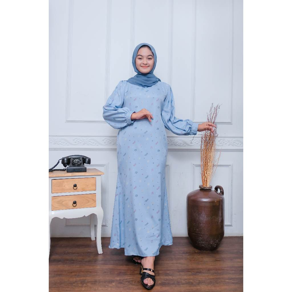 Shafa Dress Gamis Terbaru Remaja Terkini Model Duyung Lengan Balon Bahan Shakila Adem Jatuh Nyaman F
