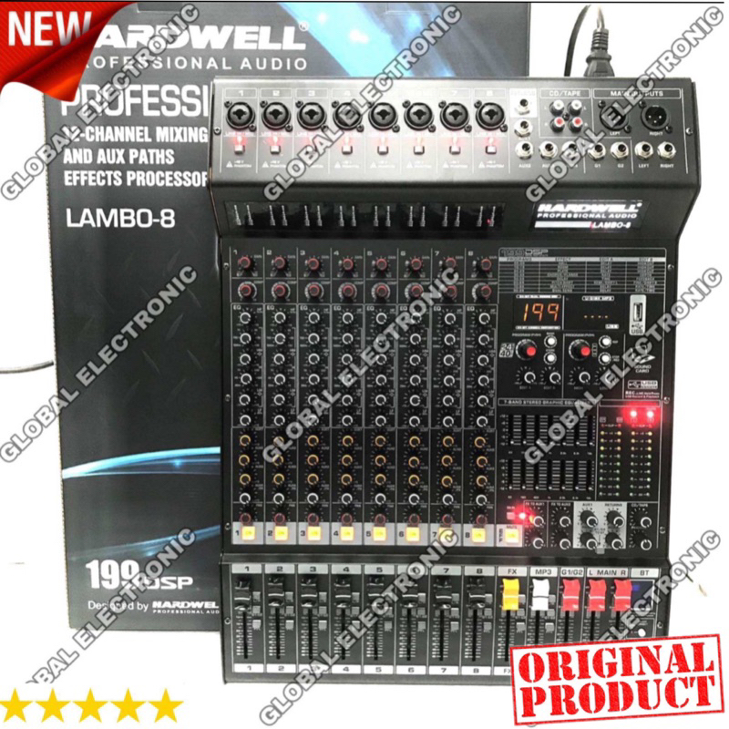 Mixer Audio Hardwell LAMBO 8 ORIGINAL 8 CHANNEL lambo 8 / lambo8 - 8 Channel Mic/Line - 2 Group Output - 6 Band EQ with Scan - Dual 7 band Equalizer - 4 Aux Output - Built-in digital multi effect reverb 199 DSP