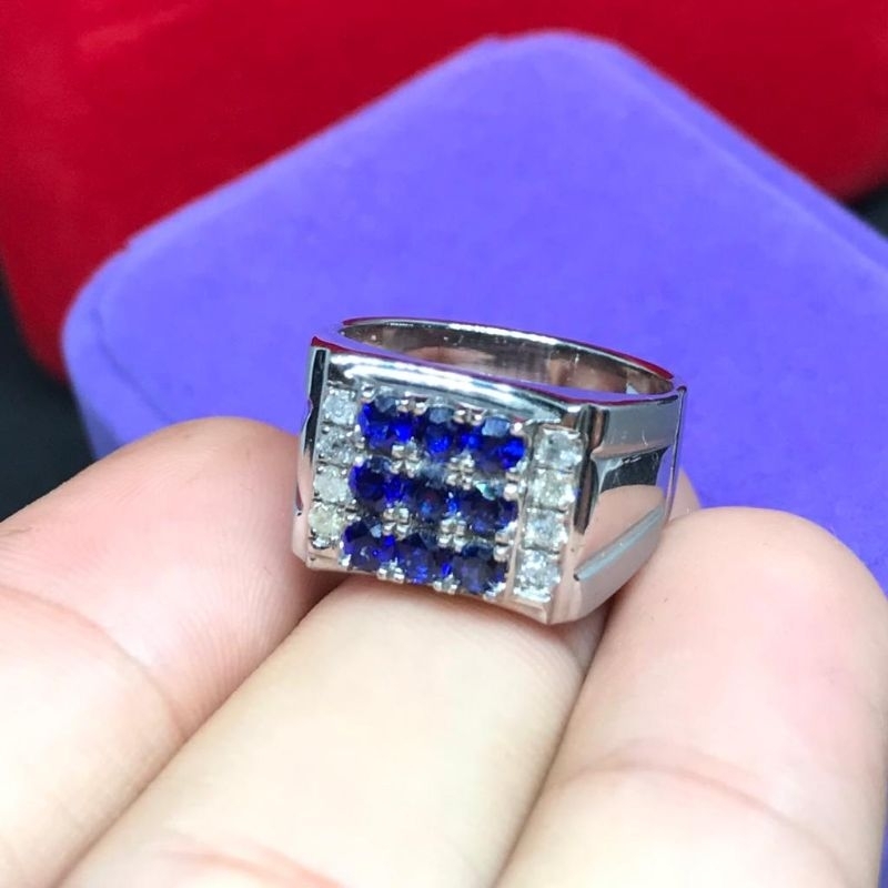 cincin pria blue sapphire natural berlian || ring perak handmade