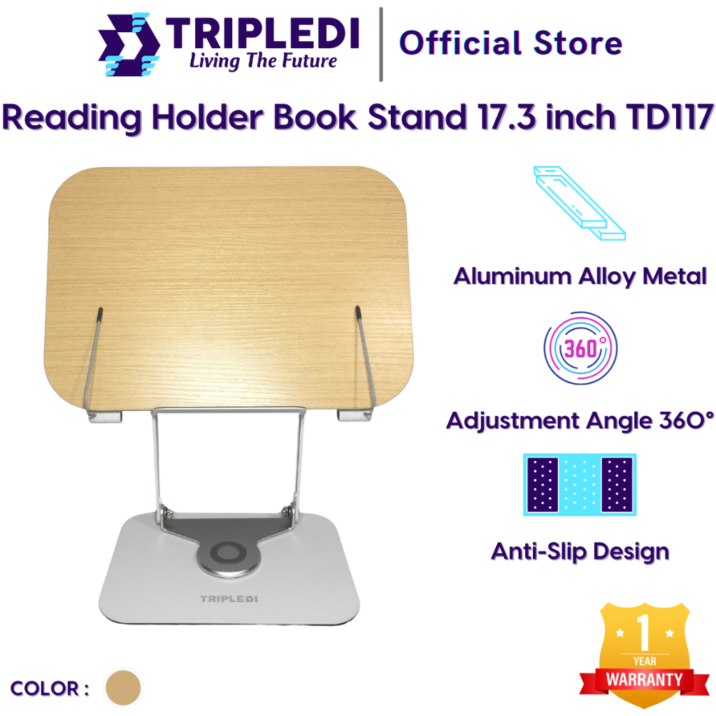 

TRIPLEDI Book Stand Reading Holder Aluminium TD117 Penjepit Tatakan Majalah 360 Degree Rotatable Sandaran Belajar Kayu Adjustable Penyangga Buku A4 Foldable Dudukan Menggambar Portable