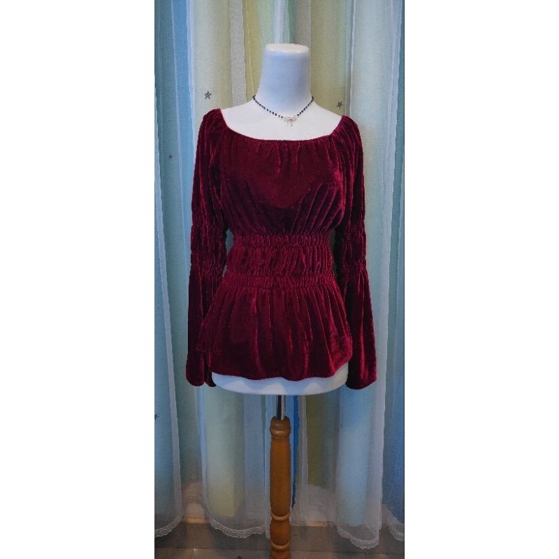 Off Shoulder Bell Sleeve Velvet Blouse