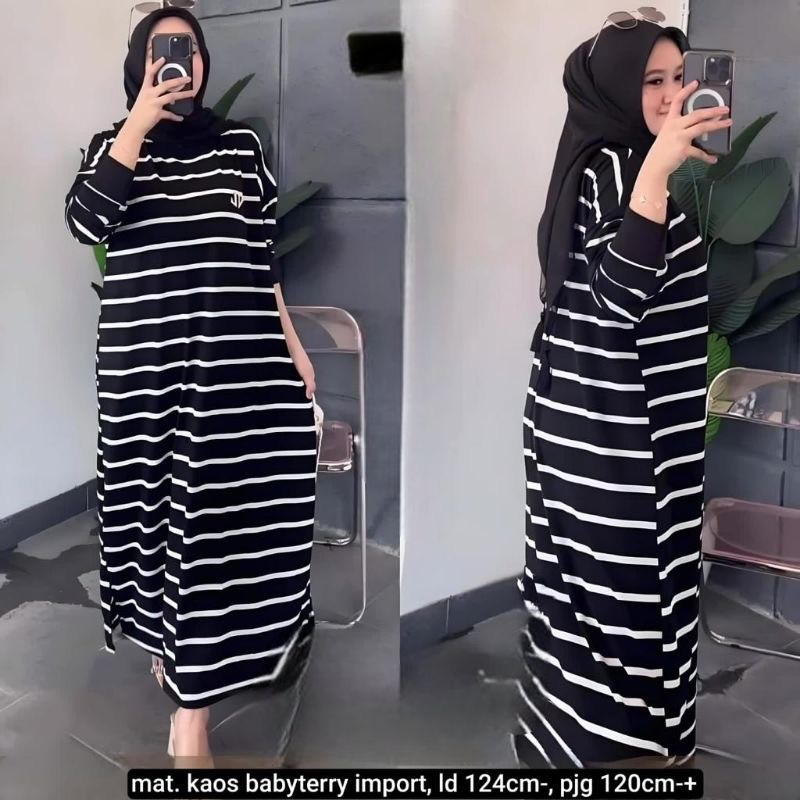 Gianna midi dress wanita terbaru midi dress salur bahan babytery tunik oversize motif salur simple m