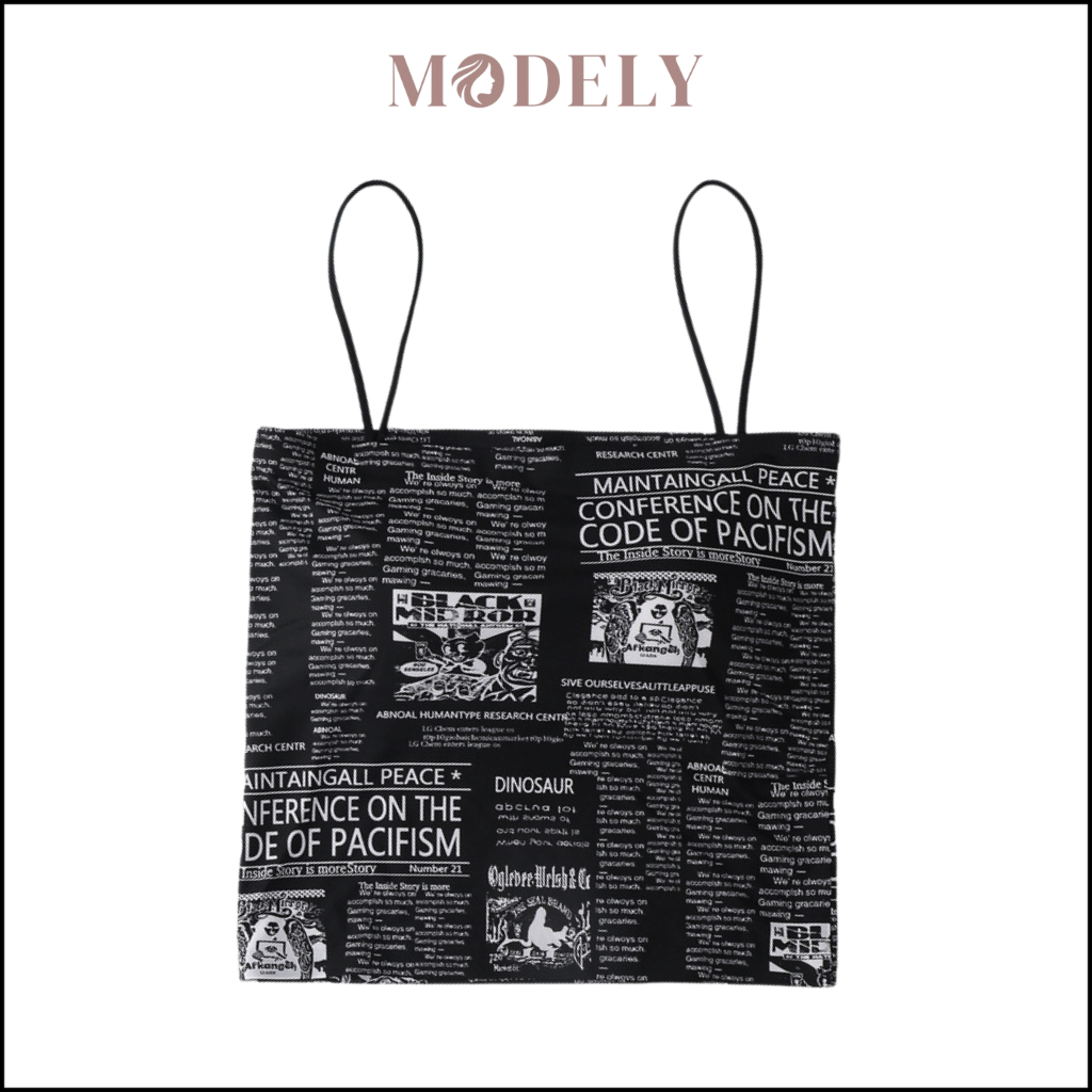 MODELY - Crop Tank Top Motif Koran News Paper Printing Baju Atasan Sexy Wanita Ada Busa Tali Spaghet