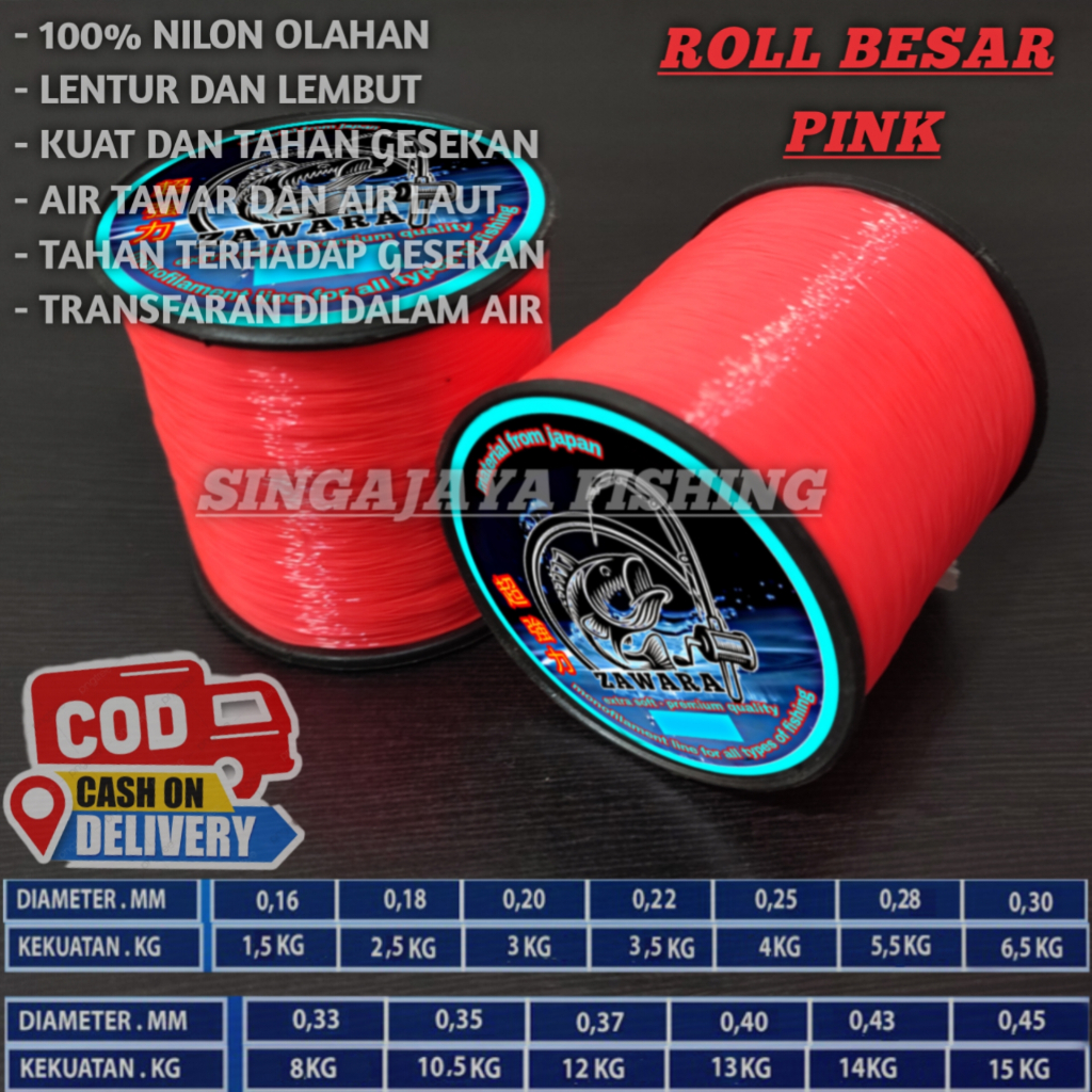 Senar pancing kecil super kuat anti keriting ZAWARA bahan nilon olahan warna PINK panjang 1800meter 