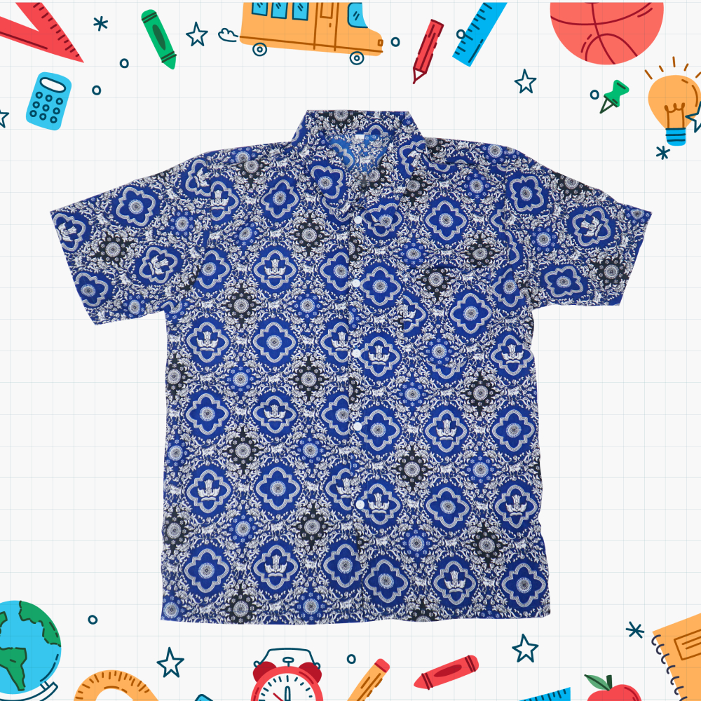 Baju Batik Seragam Sekolah SMP SMA Motif Tunas Harapan Biru Lengan Pendek