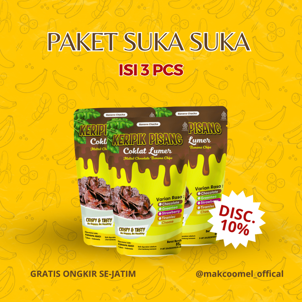 

MAKCOOMEL - KERIPIK PISANG COKELAT LUMER BANANA CHIPS TRIPLE PACK DAPAT 3 KERIPIK MIX RASA KRIPIK PISANG LUMER COKELAT BACHIP RASA MATCHA GREENTEA TIRAMISU CHEESE PISANG KEJU KERIPIK PISANG COKELAT PREMIUM