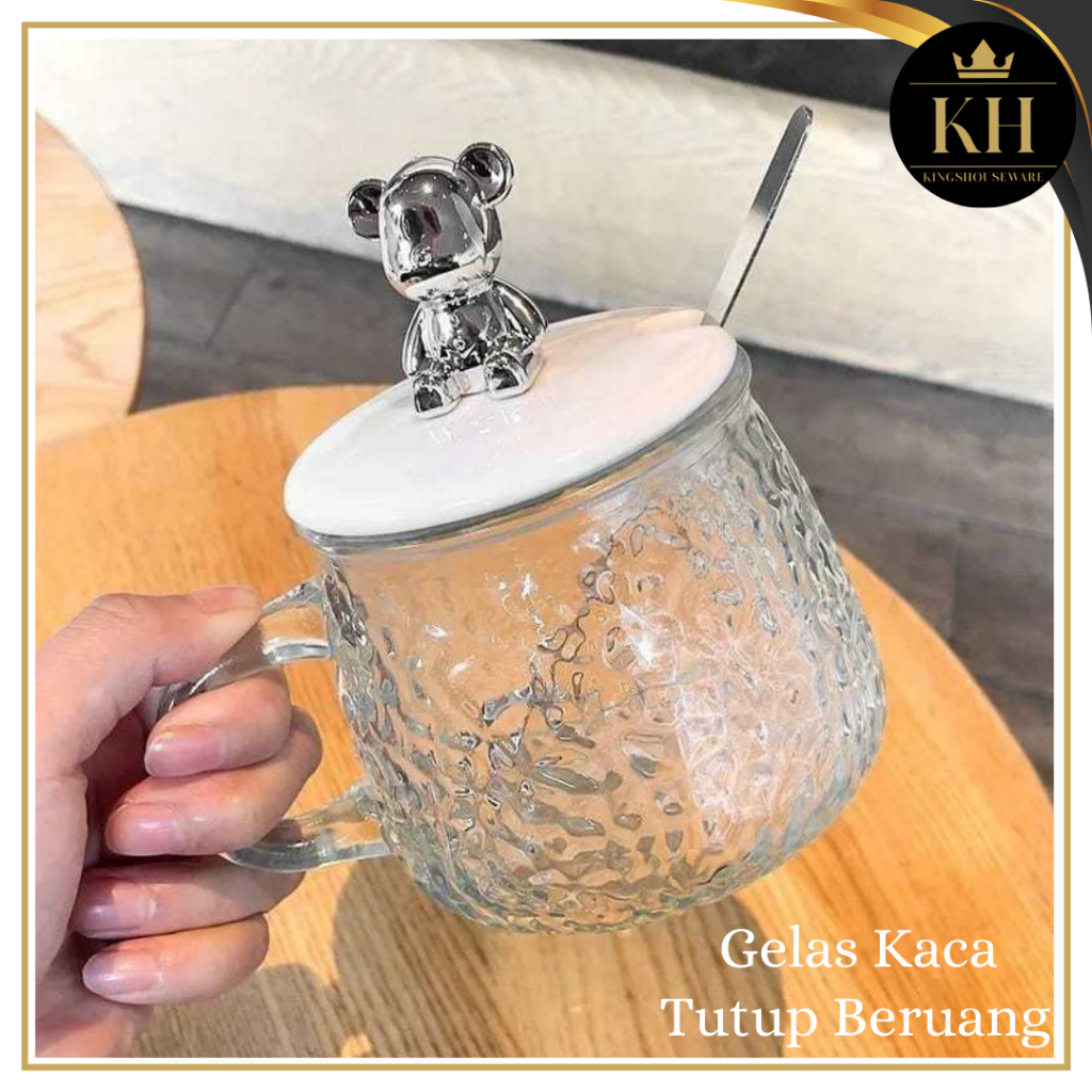 Kh - Gelas Mug Kaca Tutup Beruang / Gelas susu / Gelas Kopi / Gelas Teh Kaca