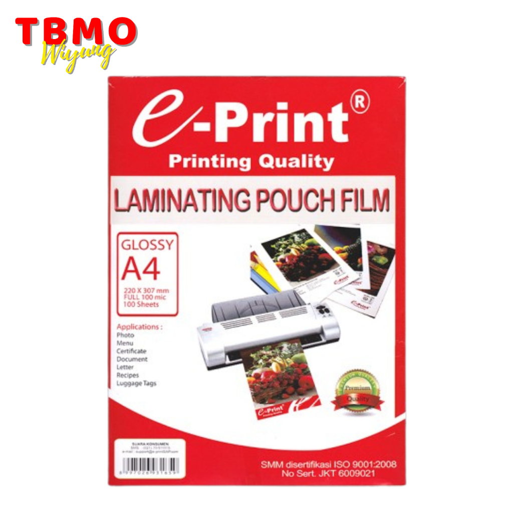 

TBMO Plastik Laminating E-PRINT / Laminating Pouch Film A4 100mic 100 Lembar