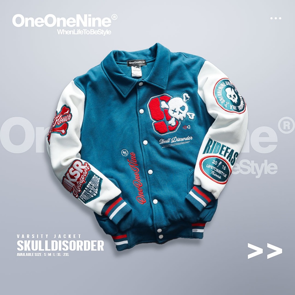 Oneonenine Ksr Jaket Varsity Skull Disorder Blue - Jaket Motor Varsity Fleece Bordir