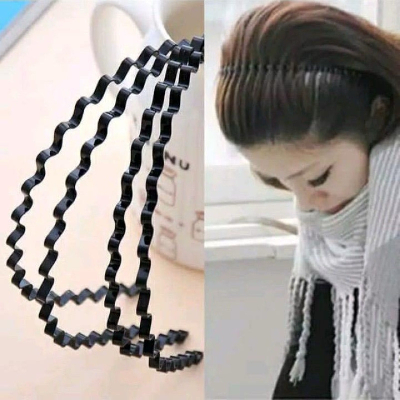 Bando Korea Bentuk Gelombang Zigzag Hitam Polos Bandana Aksesoris Headband Bahan Besi Sirkam Rambut 