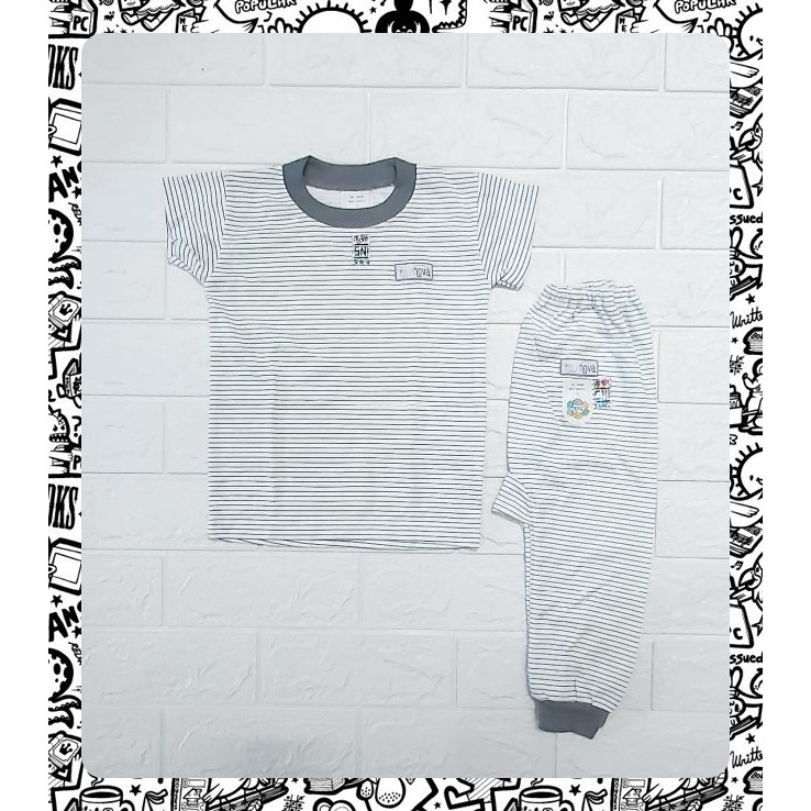 Setelan Anak Kaos Lengan Pendek dan Celana Panjang Garis Abu atau Coklat S (1 tahun) Nova