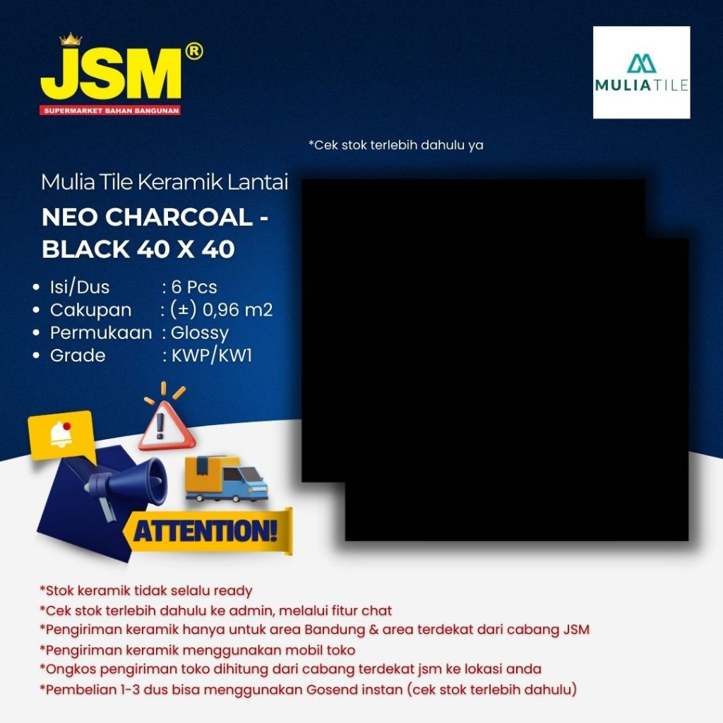 Mulia Tile Keramik Lantai Neo Charcoal Black / Hitam Glossy 40x40 - JSM Supermarket Bahan Bangunan