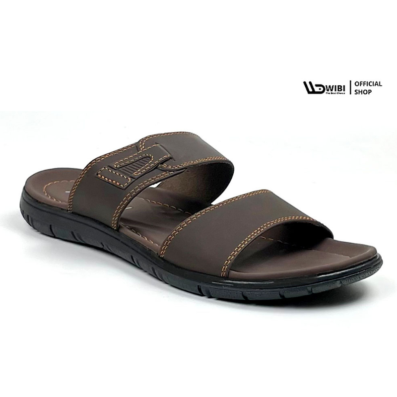 WIBI Elegant Low S21-01 Sandal Pria Dewasa Slop Kulit Ban 2 Cokelat tua Size 39 - 43