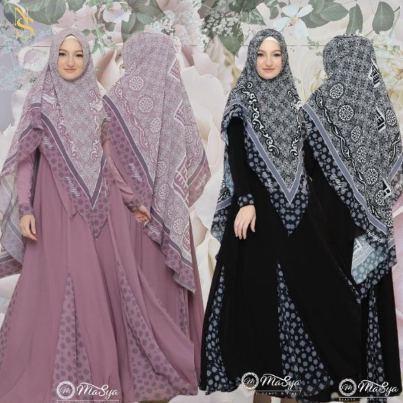 Masya Set Gamis Dress Ceruty Babydoll Syari Branded Printing Black - Hitam - Purple Mewah Masya Syar