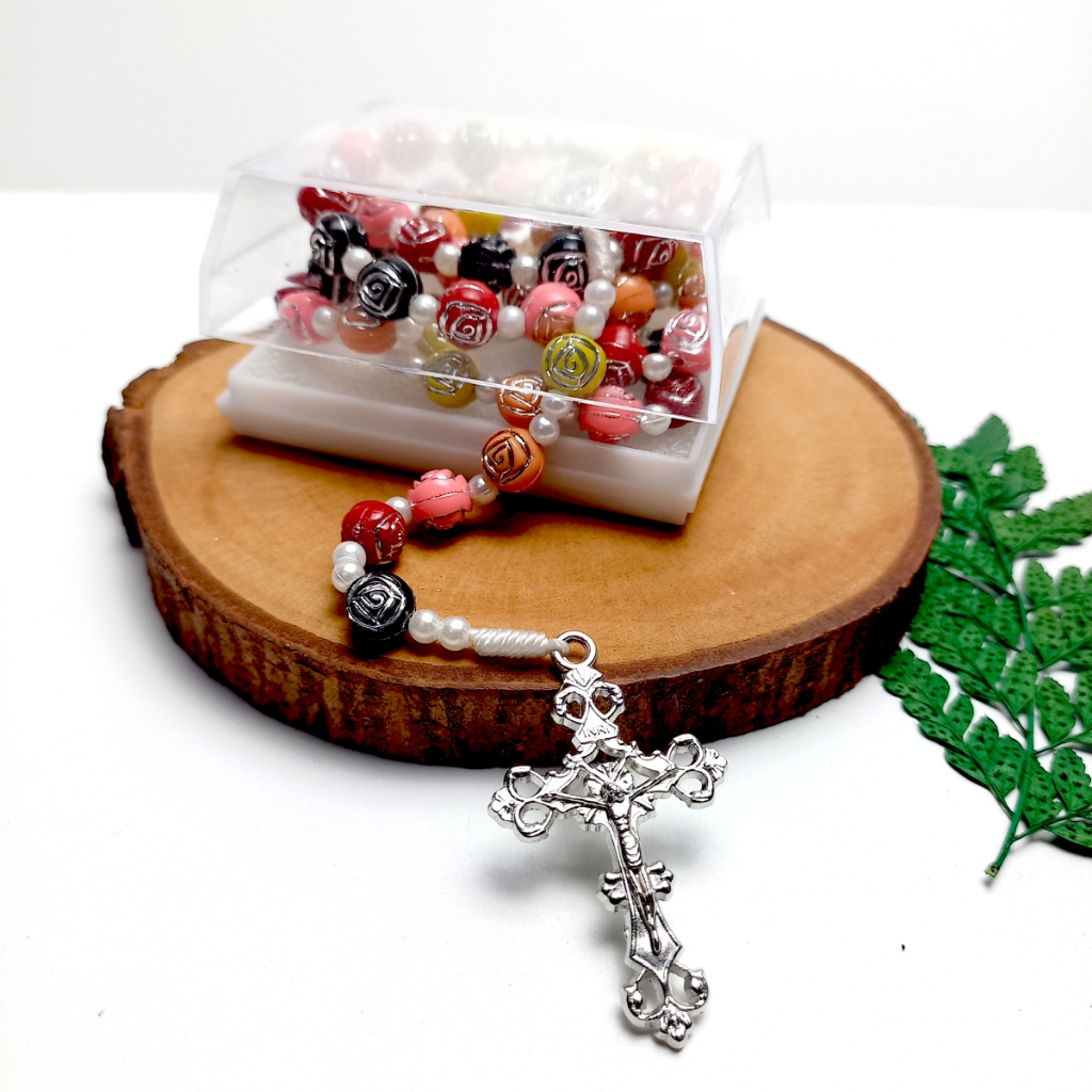 Rosario Akrilik Mawar GRADASI Motif Silver/Kalung Rosario Katolik/Souvenir Rosario Katolik