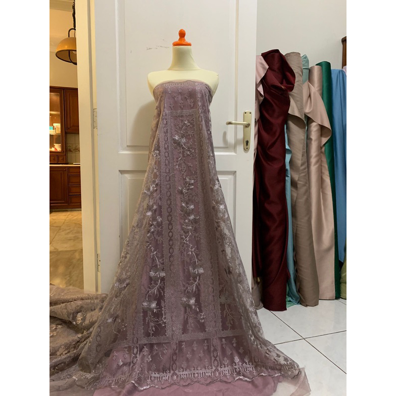 Bahan Organza Bordir Motif Mewah Kain Kaca Saphire Warna Mauve Ungu Dusty Purple