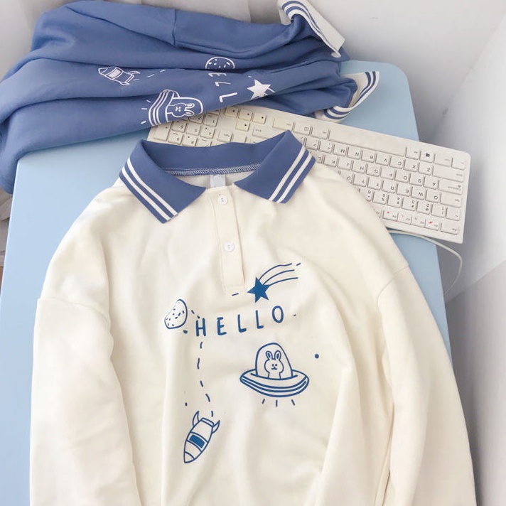 Terjamin Polo Shirt Longgar Lengan Panjang Atasan Gaya Kampus crop top atasan wanita