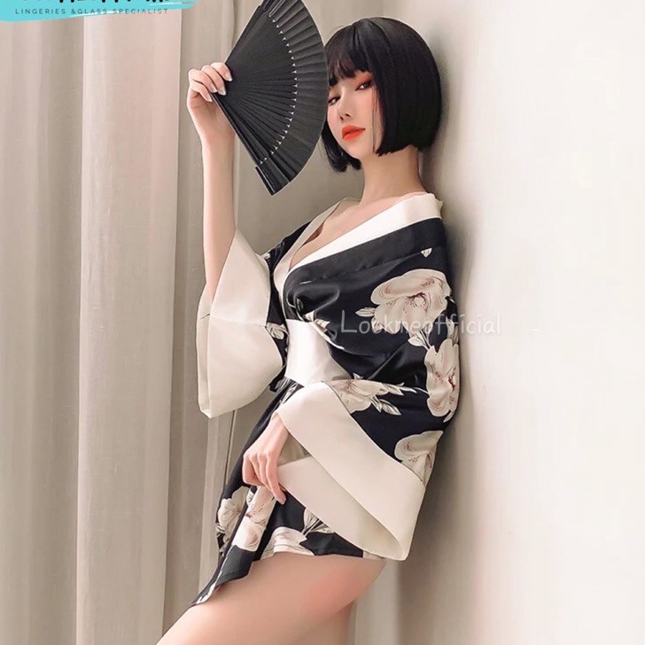 BestSeller Keiko Set Cosplay Sexy Deep V Print Sakura Kimono Elegant Charming Bath Robe Satin Silk L