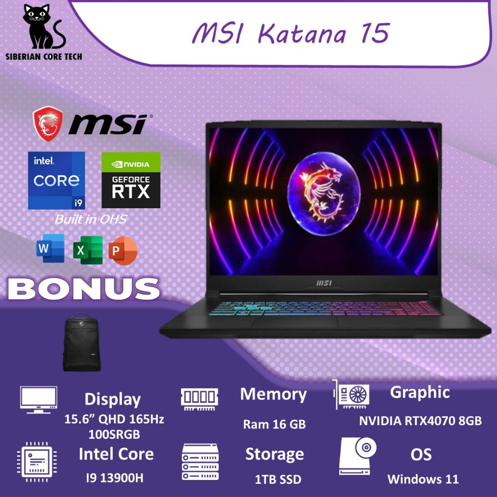 Laptop MSI Katana 15 I7 13620H RTX4070 8GB | RAM 16GB | 1TBSSD W11+OHS 15.6FHD 144HZ 4ZRGB 2Y BLK