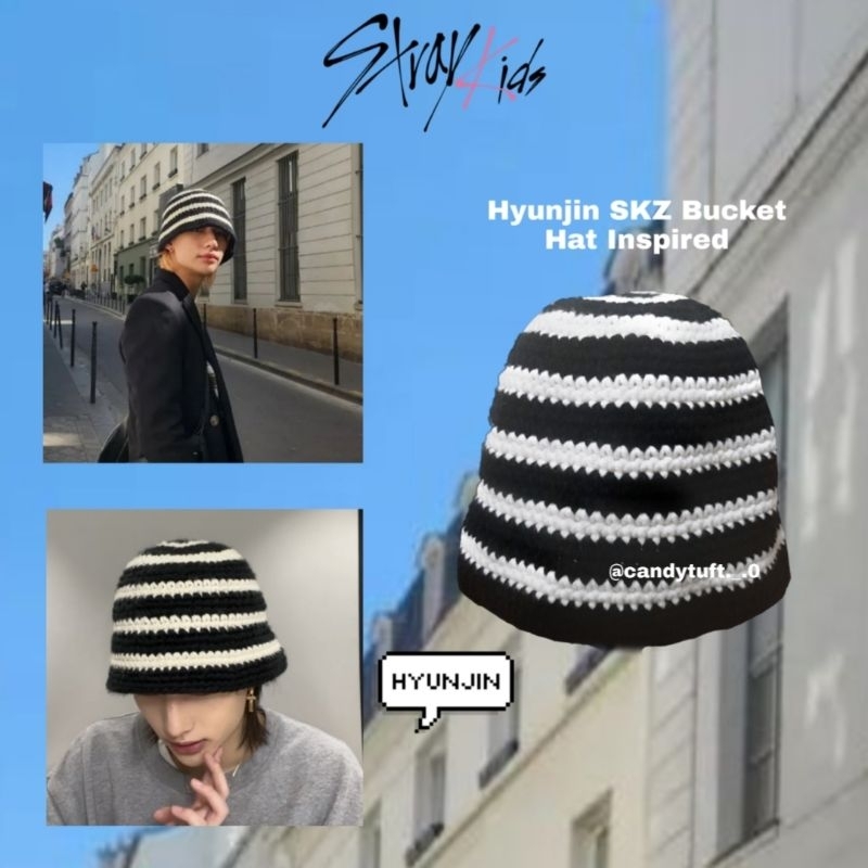 Hyunjin hat hyunjin stray kids crochet bucket hat inspired topi rajut hitam putih garis hyunjin stra