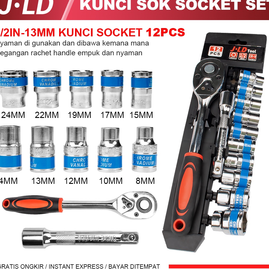 Diskon JLD 12in Kunci Set Socket Sok CRV 12pcs Kunci Sok Wrench Rachet alat perkakas lengkap motor R