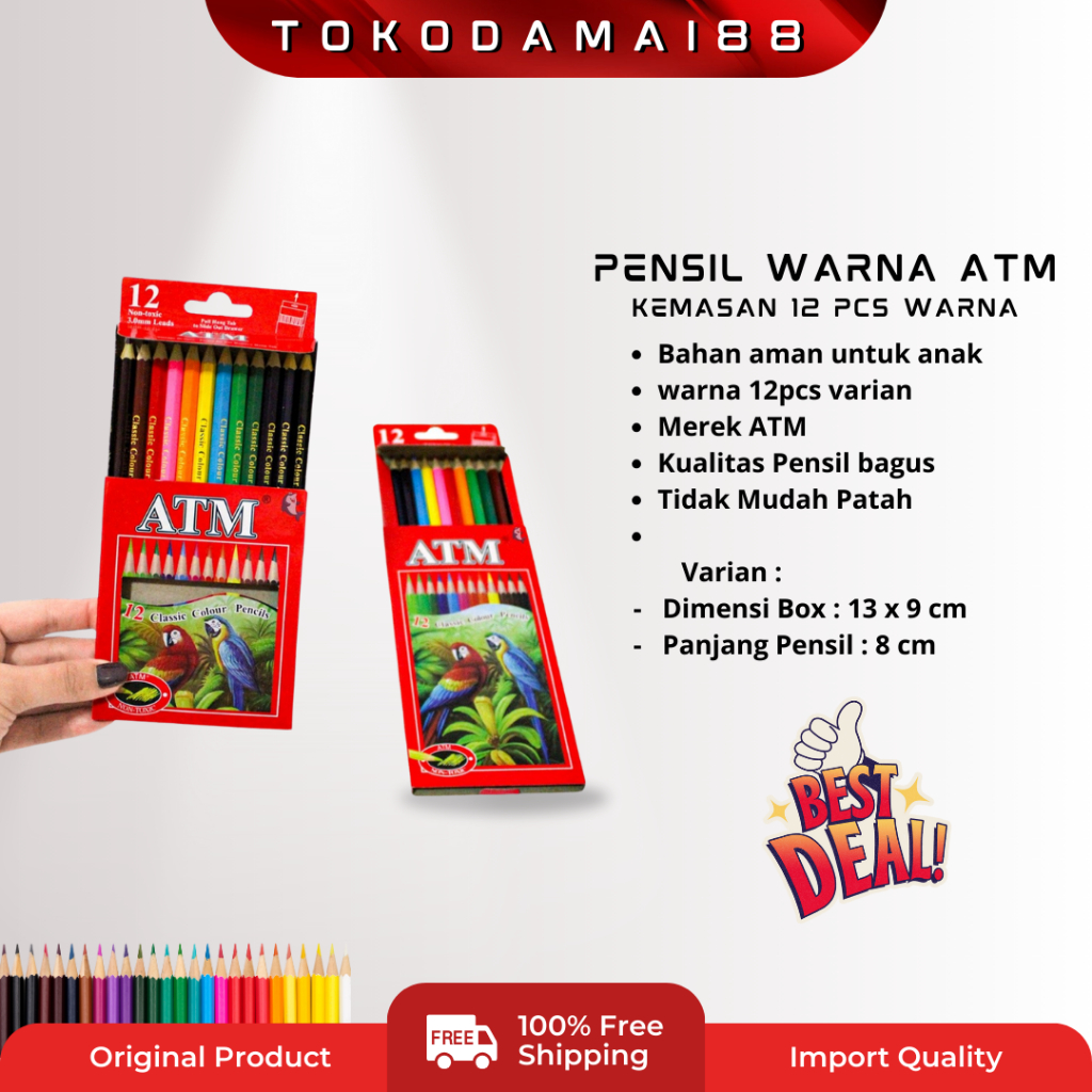 

Pensil 12 Warna Set Panjang Pendek ATM - Non Toxic Classic Colour Pencil - Gambar Murah Berkualitas