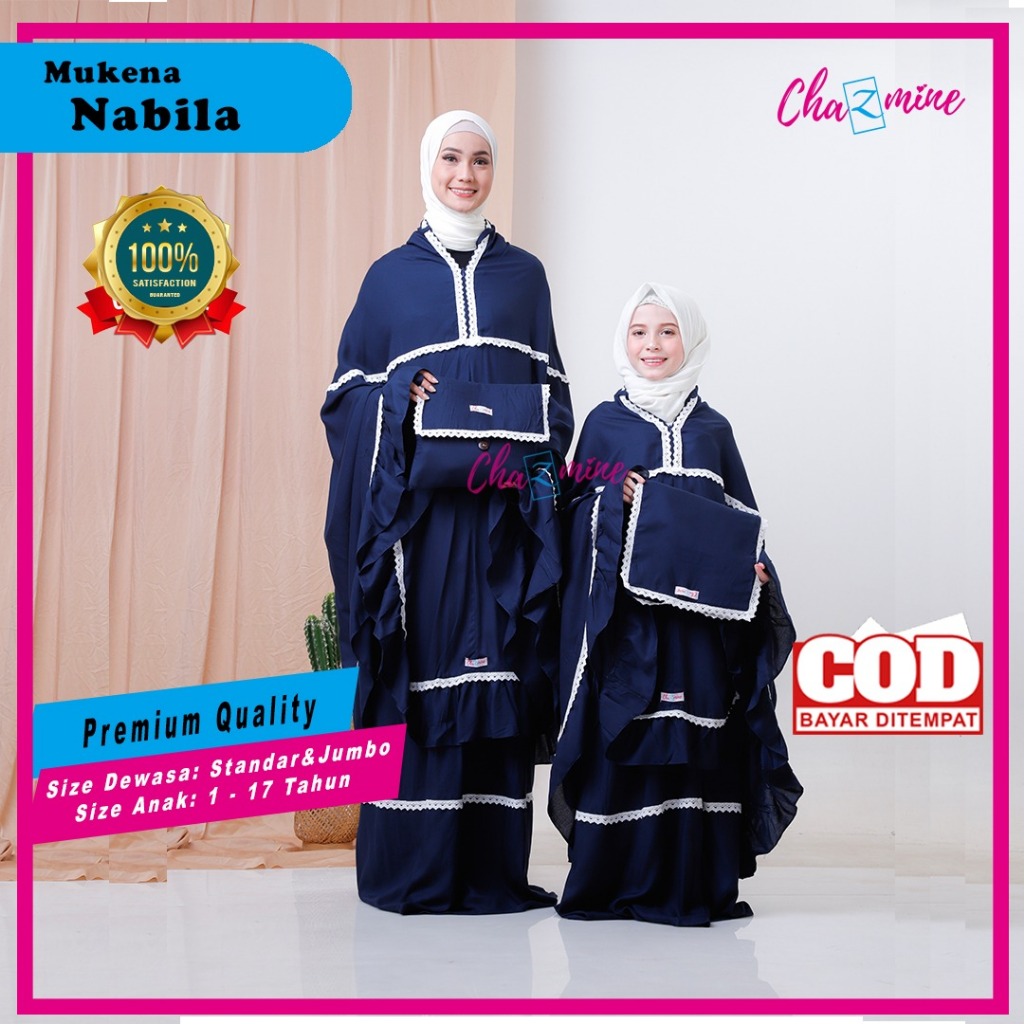 Mukena Couple Ibu Anak 2 Fungsi Nabila Rayon Polos Premium Mukenah Ponco Resleting Dagu Super Adem