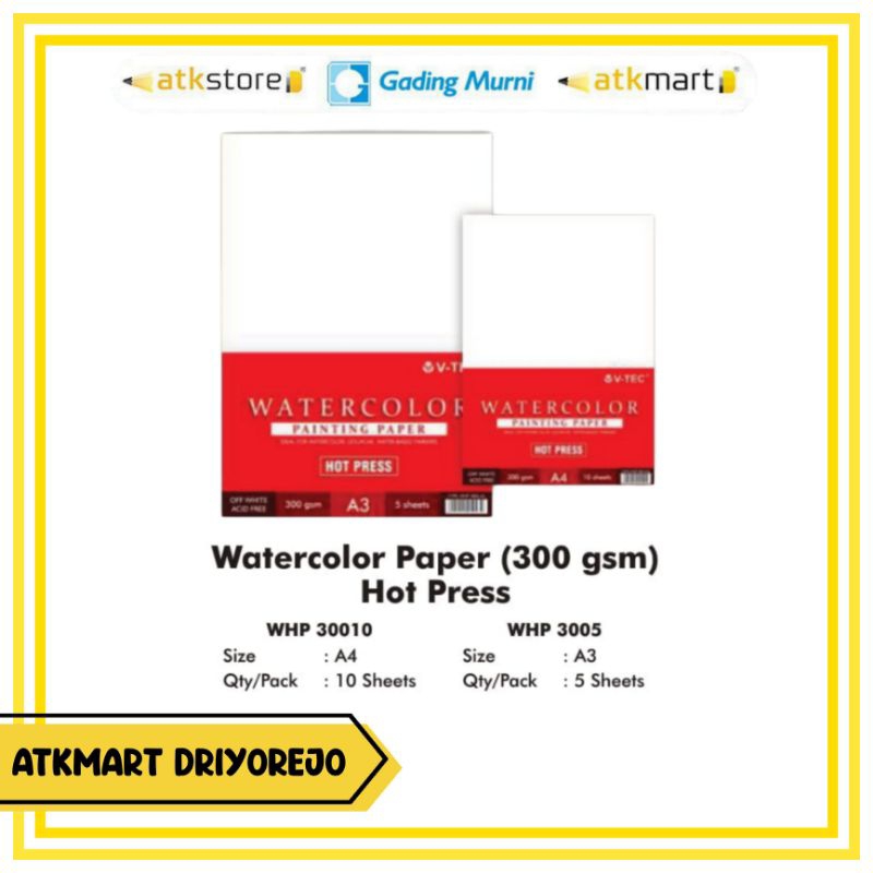 

V-TEC WATER COLOUR PAPER HOT PRESS UKURAN A4 WHP-30010 - KERTAS LUKIS