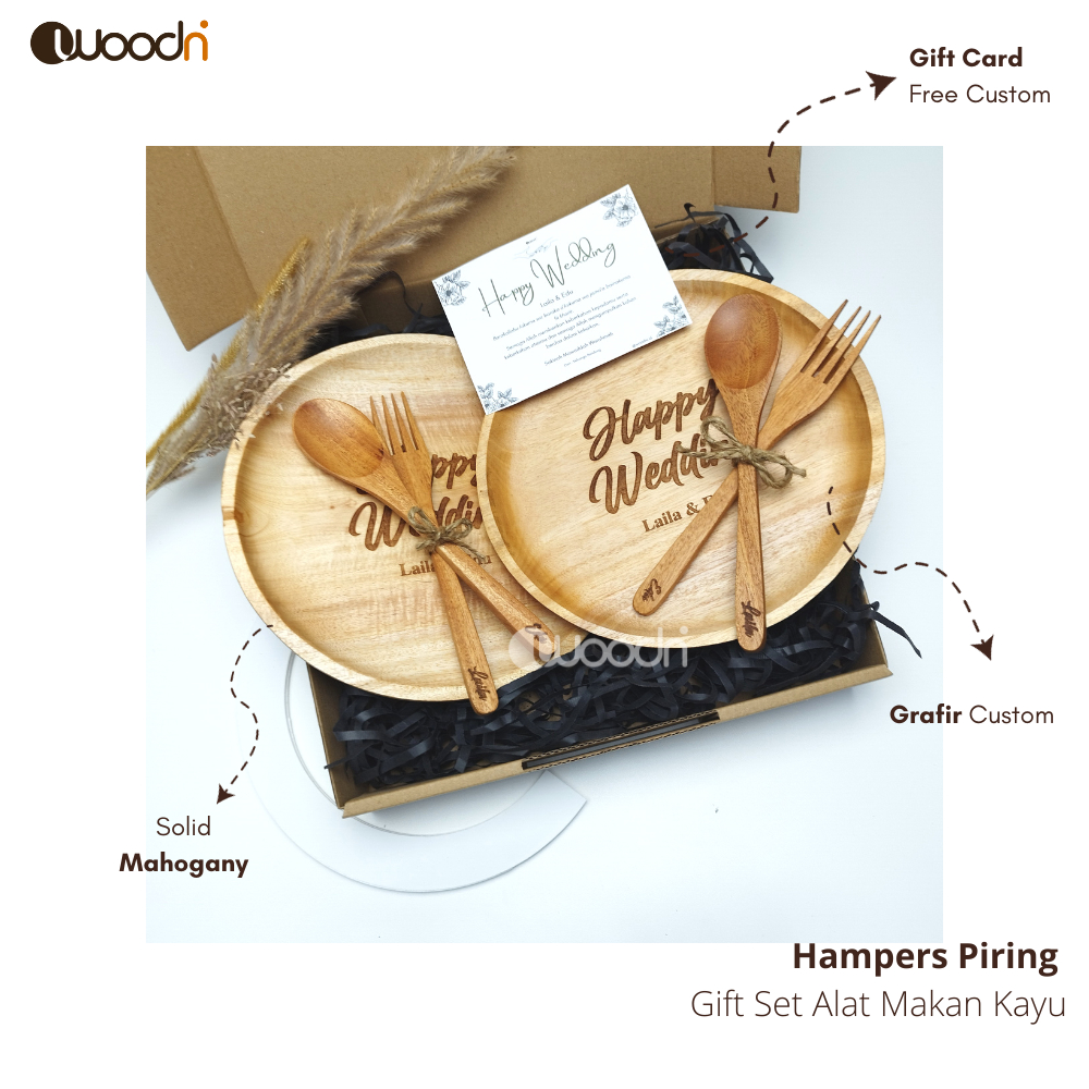 Hampers Piring Kayu Mahoni Grafir Laser Set Alat Makan Aesthetic Gift / Souvenir / Kado Hampers Wedd