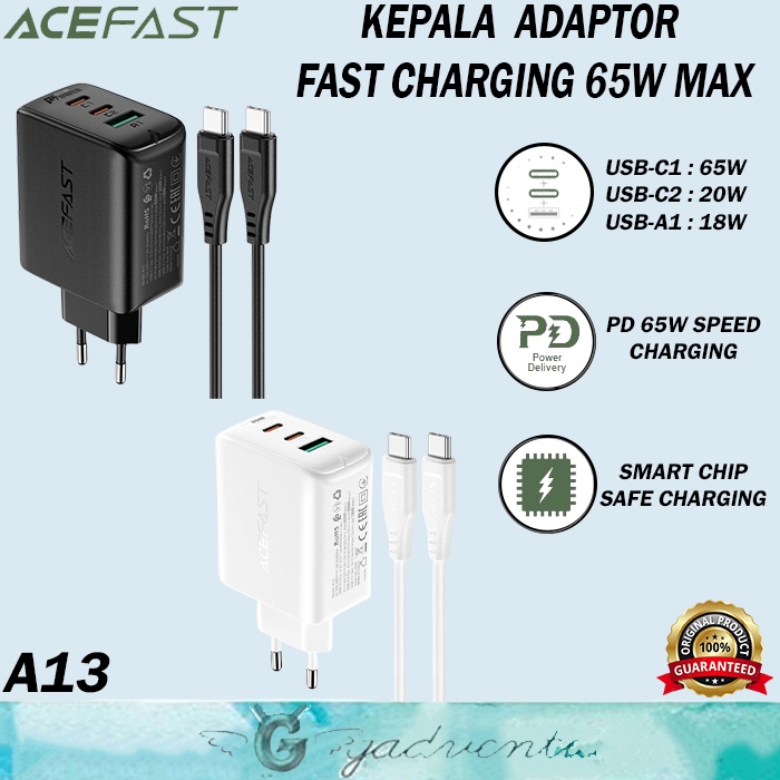 ACEFAST Adapter Charger Set 65W Type C Untuk iPhone 15 / Plus Kepala Adaptor Cas + Kabel C to C Fast