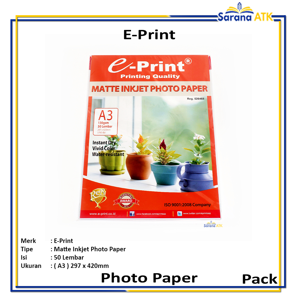 

E-Print - Photo Paper Matte Inkjet A3 130gsm 50S - Pack