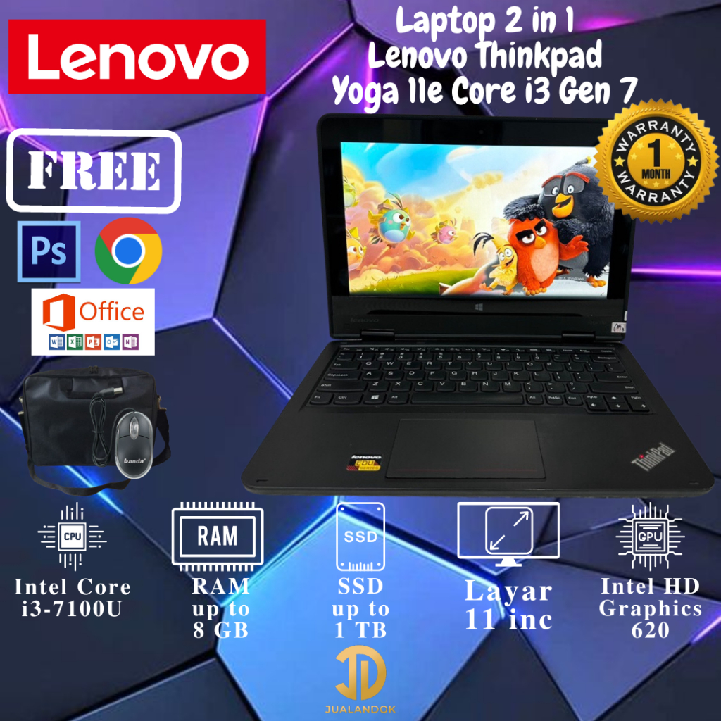 Laptop 2 in 1 Lenovo Thinkpad Yoga 11e Core i3 Gen 7 - SSD 512GB - RAM 8GB - Win 11