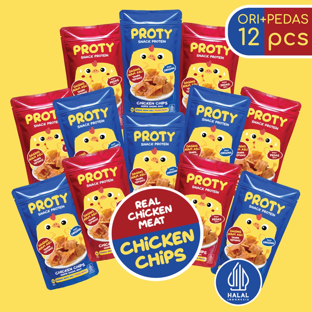 

PROTY Chicken Chips Ori(6 pcs)+Pedas(6 pcs) Snack Camilan Tinggi Protein Ayam - Keripik Daging Ayam