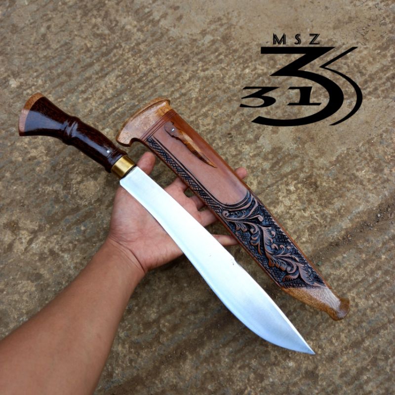 Pisau Kebun Model Kukri untuk Pemangkasan Kayu dan Bambu, Bilah Baja dengan Gagang Kayu Aren dan Sar