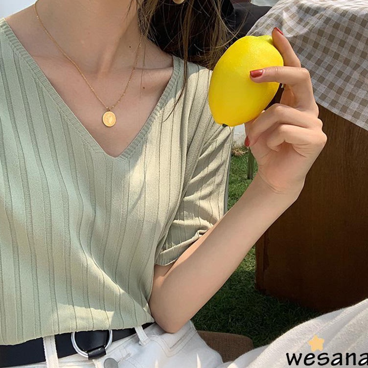 Ready Hari Ini  Atasan Wanita  Kaos V Neck Wanita  T shirt Bahan Rajut Wanita  ViscoseNilon  KuningP
