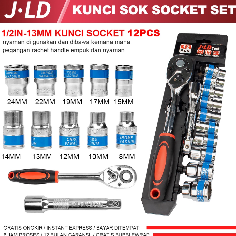 FREE ONGKIR JLD 12in Kunci Set Socket Sok CRV 12pcs Kunci Sok Wrench Rachet alat perkakas lengkap mo
