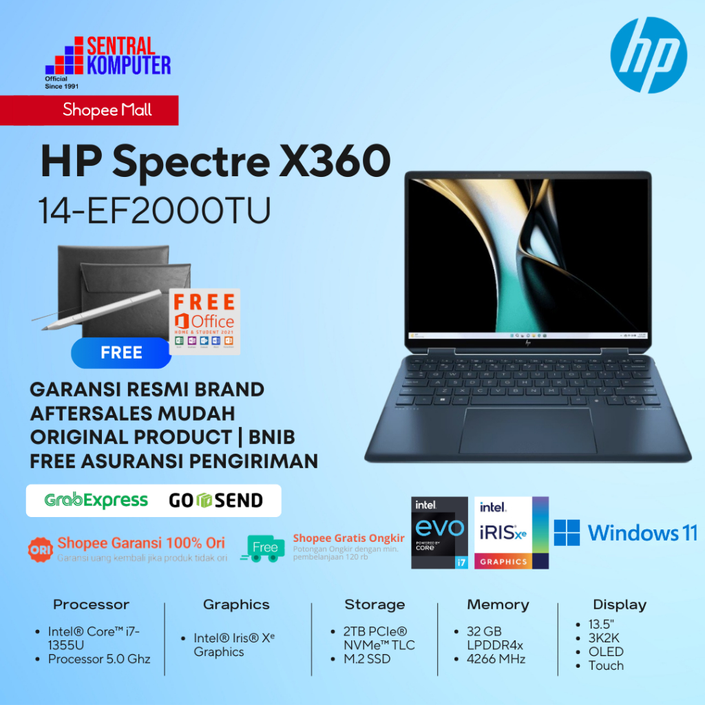 HP Spectre X360 14 EF2000TU OLED EVO I7 1355U 32GB 2TB W11+OHS 13"