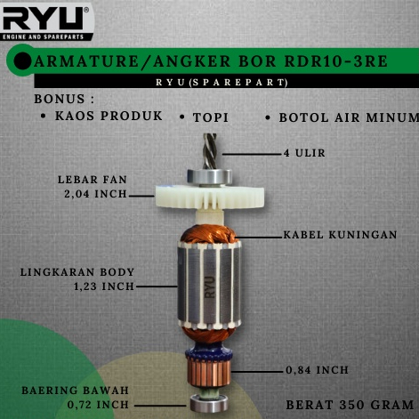Armature Bor 10mm RDR10 3RE Ryu Original / Angker Bor RDR10 3Re Ryu / Sparepart Mesin Bor 10MM RDR 1