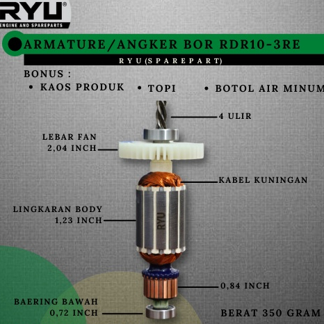 PROMO ARMATURE MESIN BOR 10mm / ARMATURE BOR RYU ORIGINAL / MESIN BOR 10mm / ANGKER BOR 10mm / SPARE