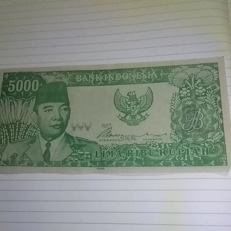 uang Soekarno 5000rb 1957 asli melengkung warna hijau