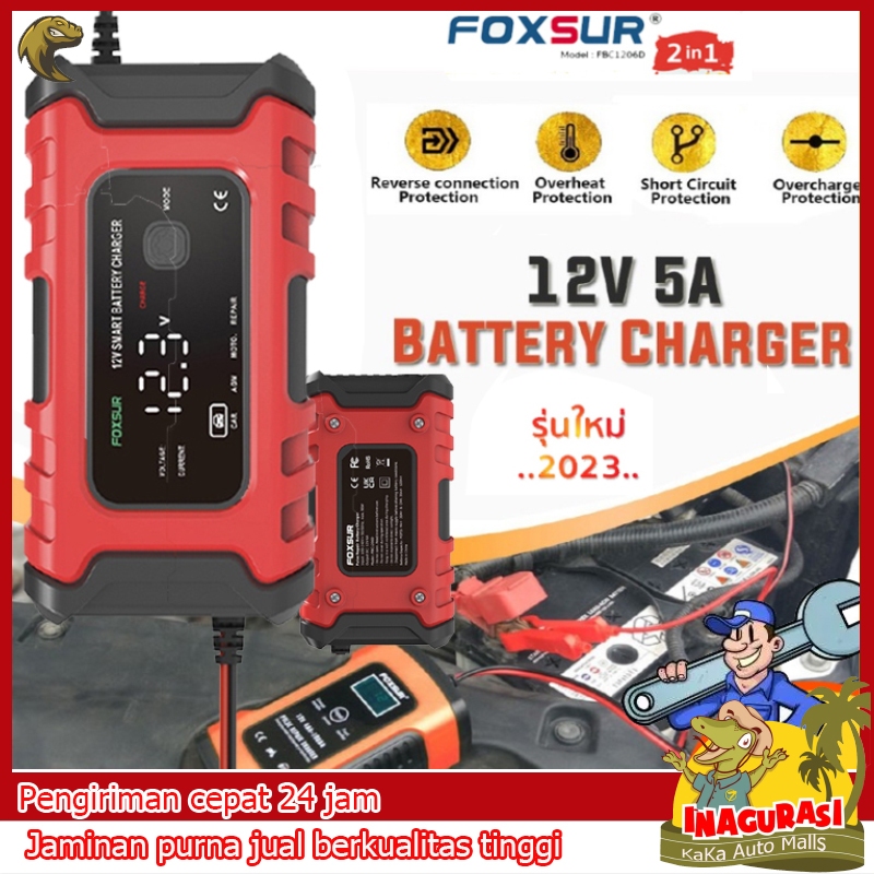 Foxsur 12v 24v charger aki mobil motor truck kapal elektrik otomatis 6-105ah 180W Lead Acid Smart Battery Charger