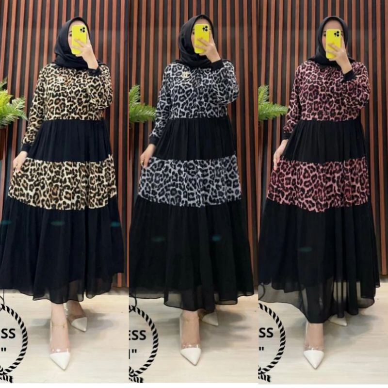 Midi Dress Wanita Leopard Motif Macan