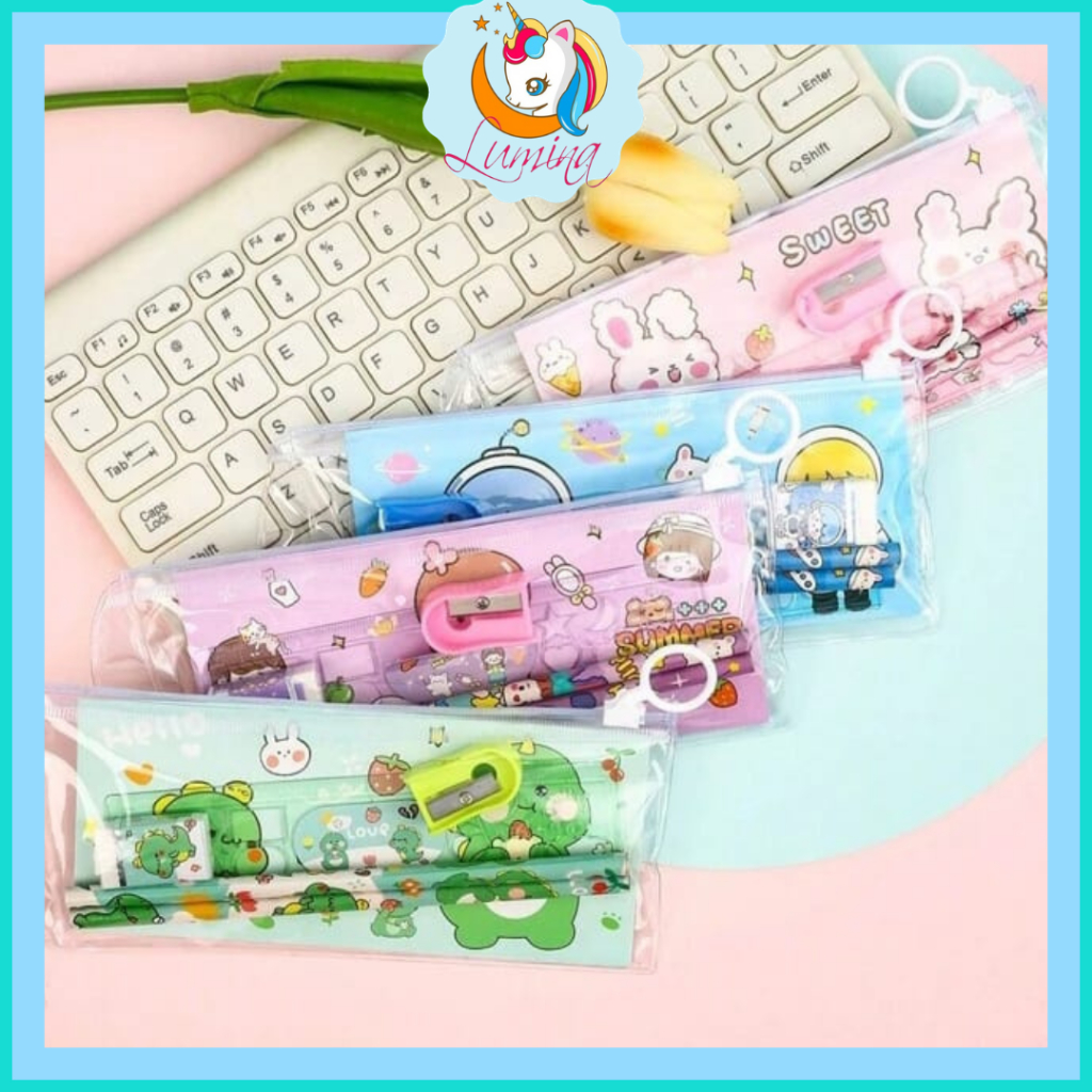 

Alat Tulis Stationery Set Pouch Pensil Penggaris Penghapus Rautan Karakter Lucu Murah