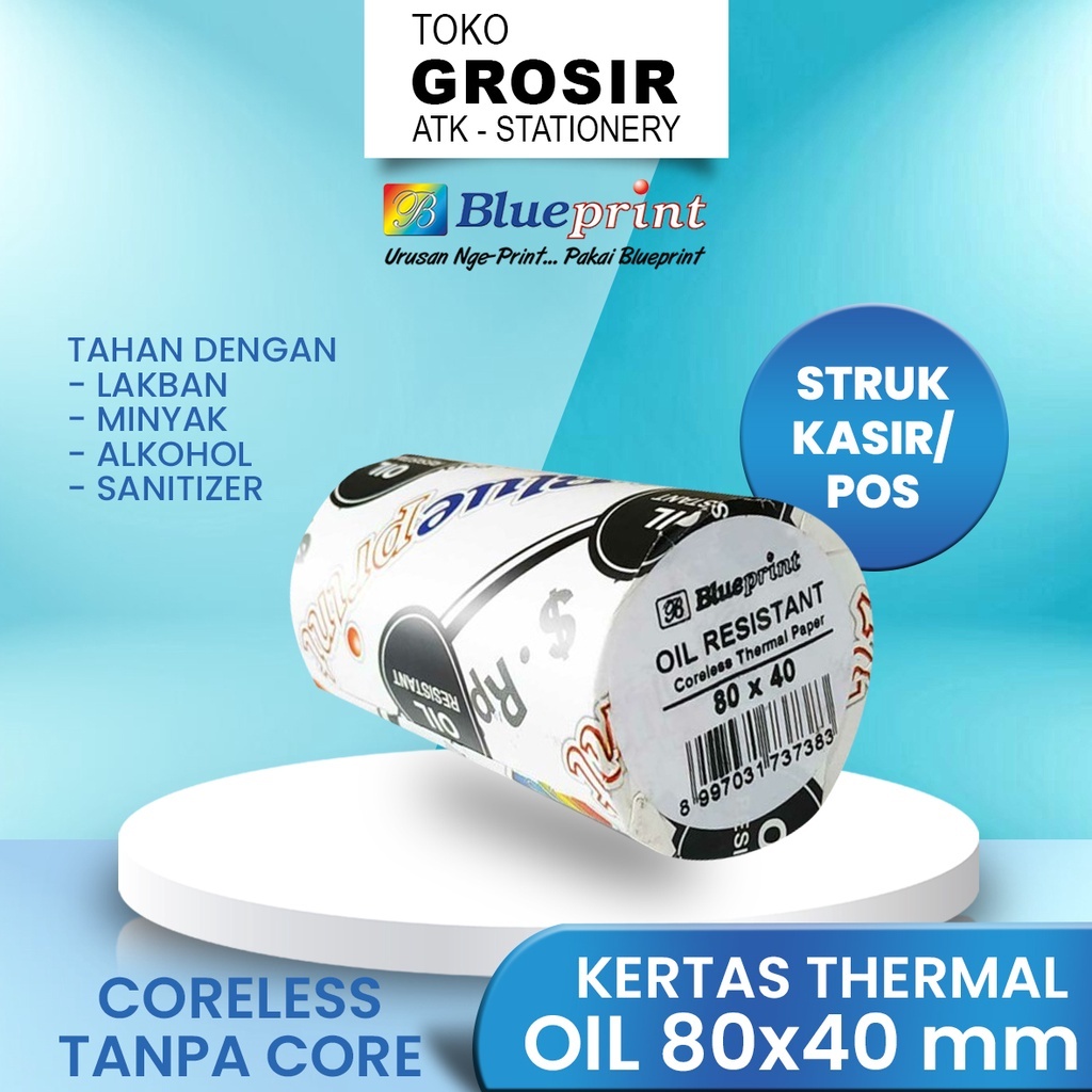 

80x40 Kertas Thermal 80mm Oil Resistant BLUEPRINT Struk Nota TAHAN LAKBAN TAHAN MINYAK