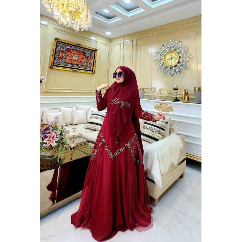 Gamis Syari Khimar Aurora Bahan Ceruti Babydoll Mewah Premium Brukat Tile Baju Pesta Kondangan Terba