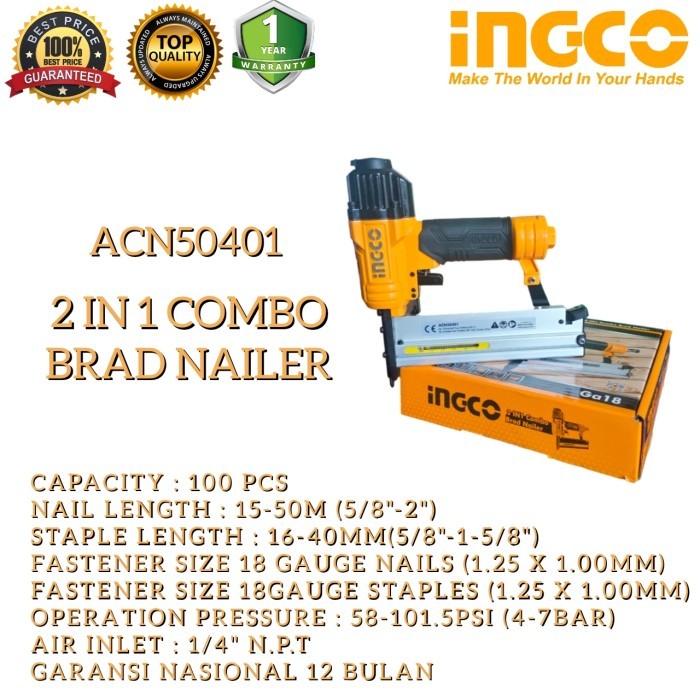 2in1 nailer and staples combo INGCO ACN50401 Mesin paku tembak angin brad nailer air gun F15 s/d F50